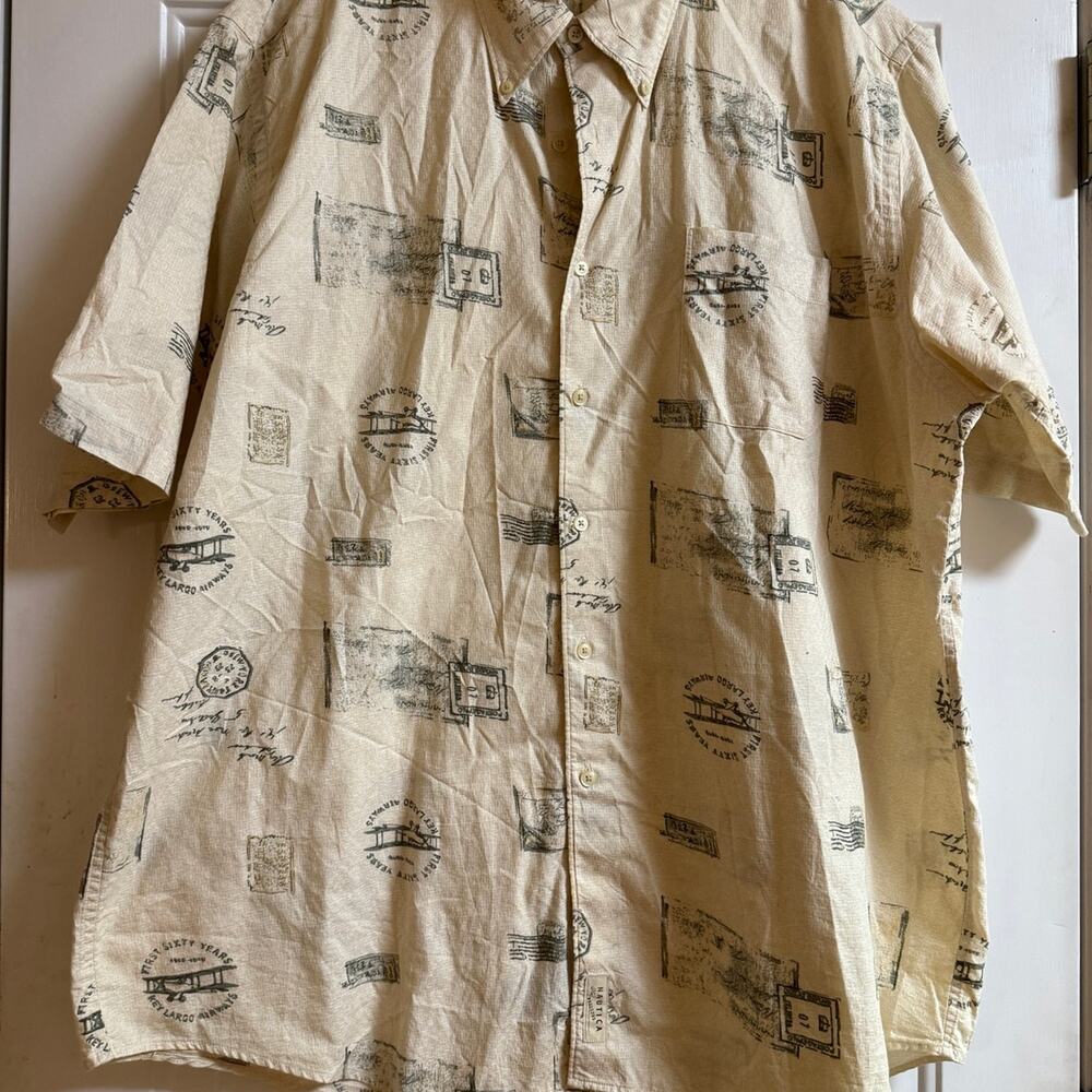 Nautica Button Up Short Sleeve Casual Shirt Airplanes and Mail, Size XXL